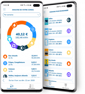 Téléphones montrant l'application ecojoko et l'analyse d'une consommation électrique d'un foyer