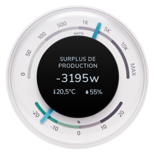 Boîtier ecojoko affichant un surplus de production solaire de -3195 kWh
