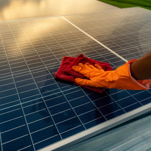 Personne en train de nettoyer avec un chiffon humide un panneau solaire