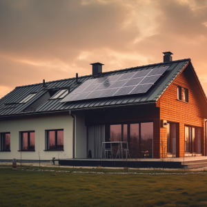 Maison à énergie positive avec des panneaux solaires.