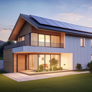 Maison à énergie positive avec des panneaux photovoltaïques sur le toit.